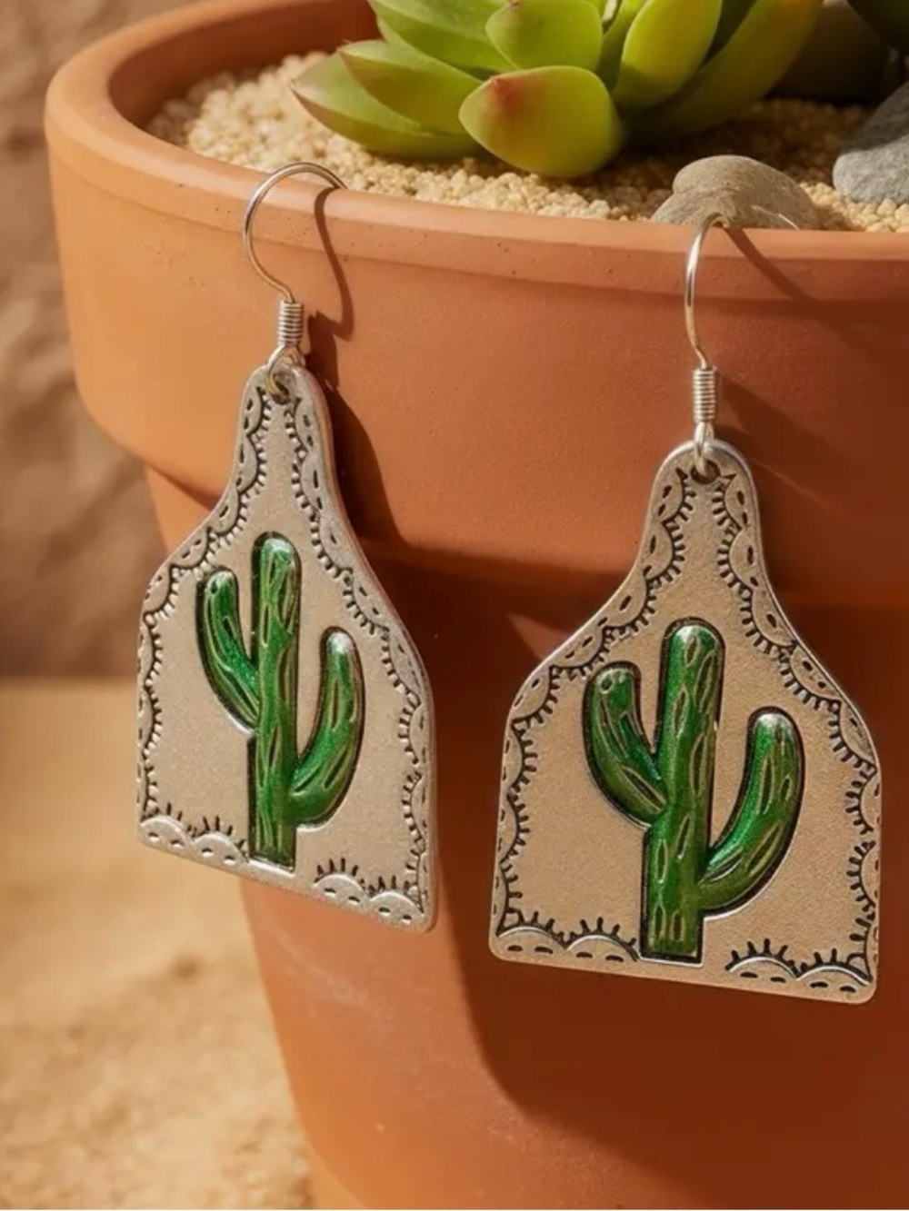 Cactus Dangle Earrings Green & Silver Metal  Rustic Southwestern Desert Plants
